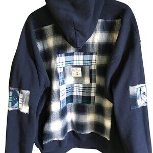 Grunge Patchwork Hoodie Upcycled Oversized Navy Sweatshirt, Campus Style Size XL